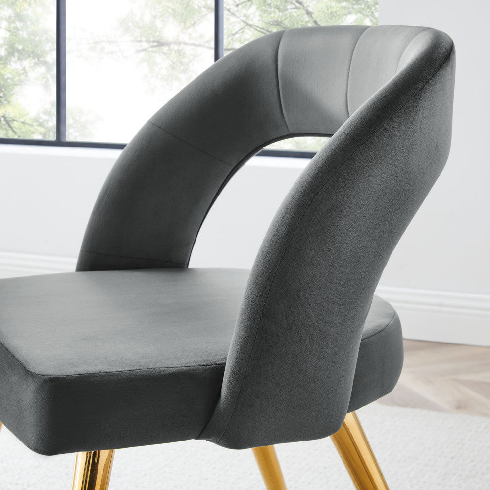 Dining Chair, Set of 2, Gold Gray, Velvet, Modern Cafe Bistro Hospitality
