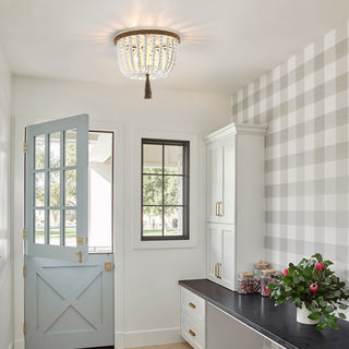 12.6" W 3-Light Bohemia Antique White Wood Beaded Flush Mount Ceiling Light