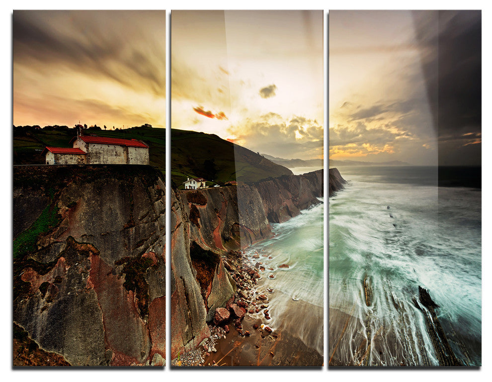 "Ocean Hitting Rocky Hill" Photo Metal Wall Art, 3 Panels, 36"x28"