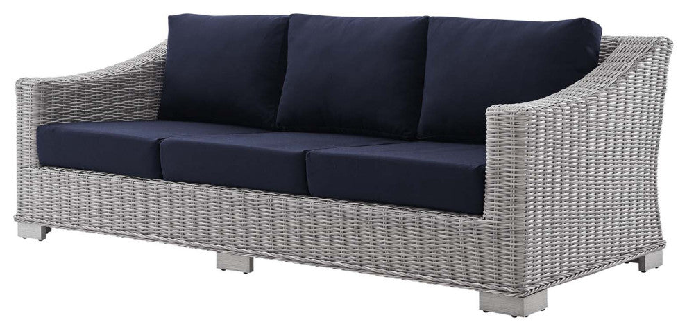 Lounge Sofa Chair Table Set, Rattan, Wicker, Gray Blue Navy, Outdoor