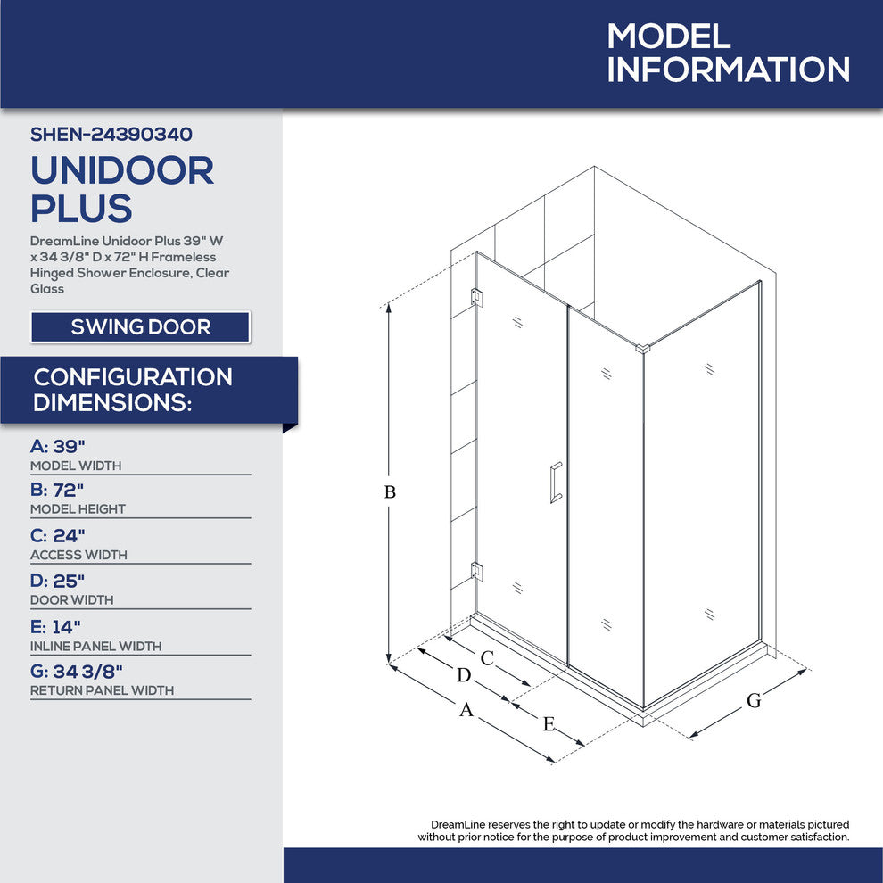 DreamLine Unidoor Plus 39"x34.375"x72" Hinged Shower Enclosure, Chrome