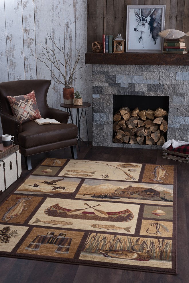 Cabin Getaway Novelty Lodge Pattern Brown Rectangle Area Rug, 8' x 10'