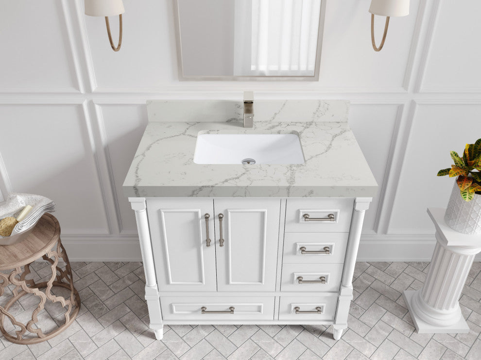 Aberdeen 36 Center Sink Bath Vanity in White 2" Venatino Quartz