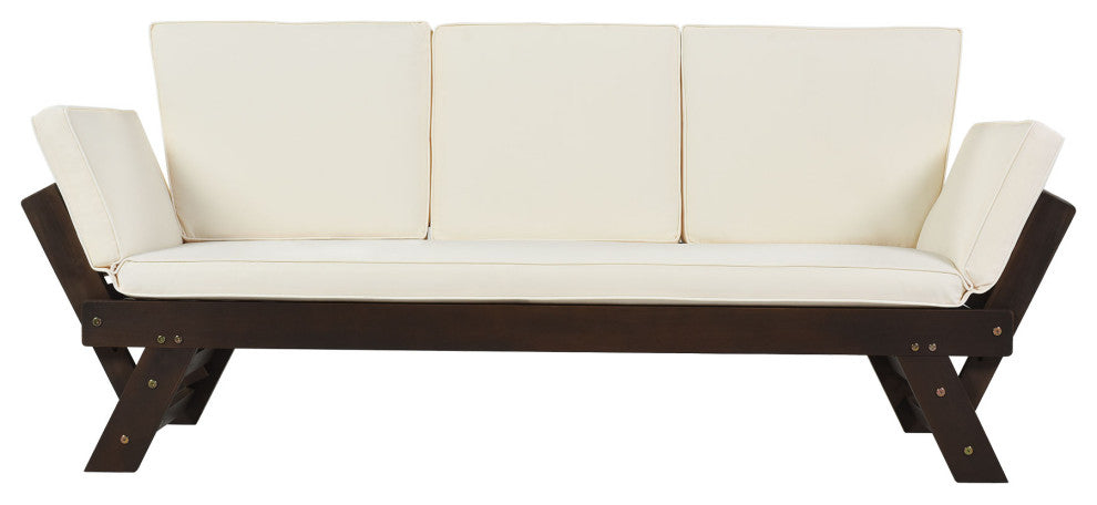 Outdoor Adjustable Wooden Patio Daybed Sofa Chaise Lounge With Cushions, Beige