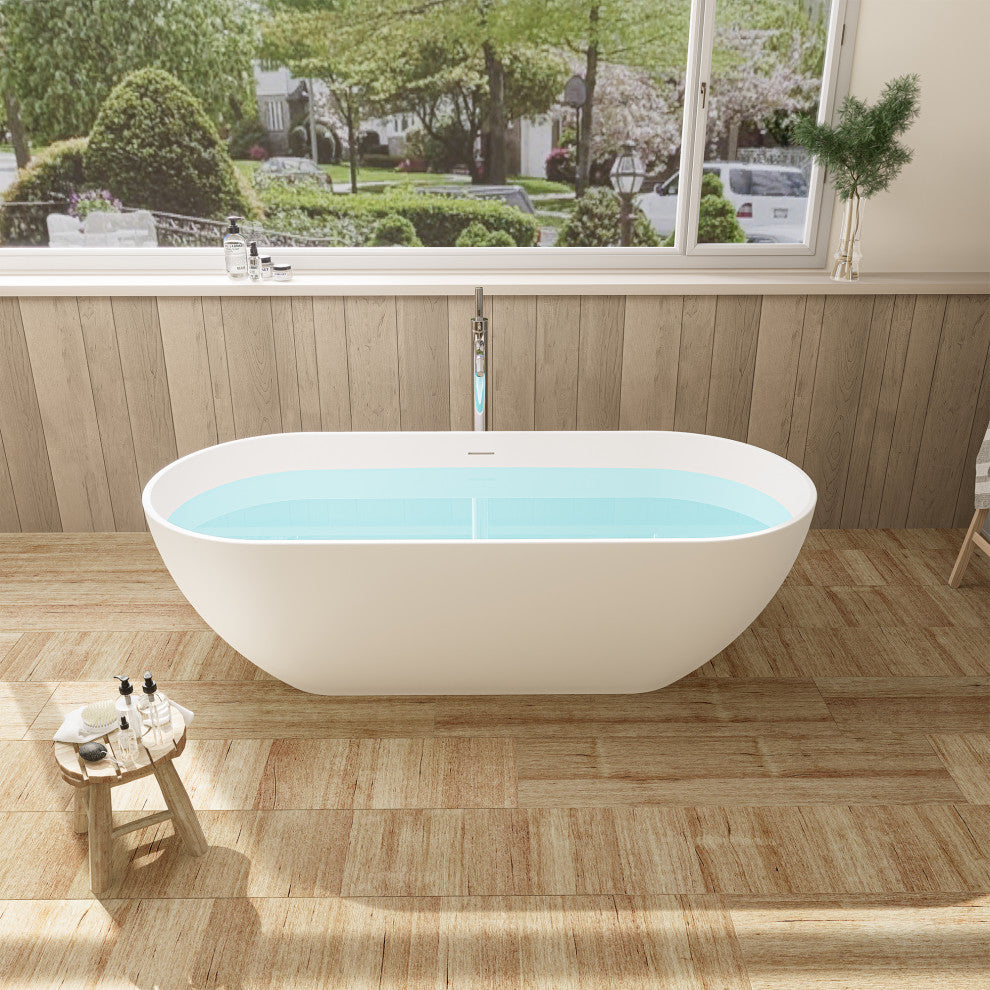 Ryder Flatbottom Freestanding Solid Surface Soaking Bathtub, Matte White, 69inch
