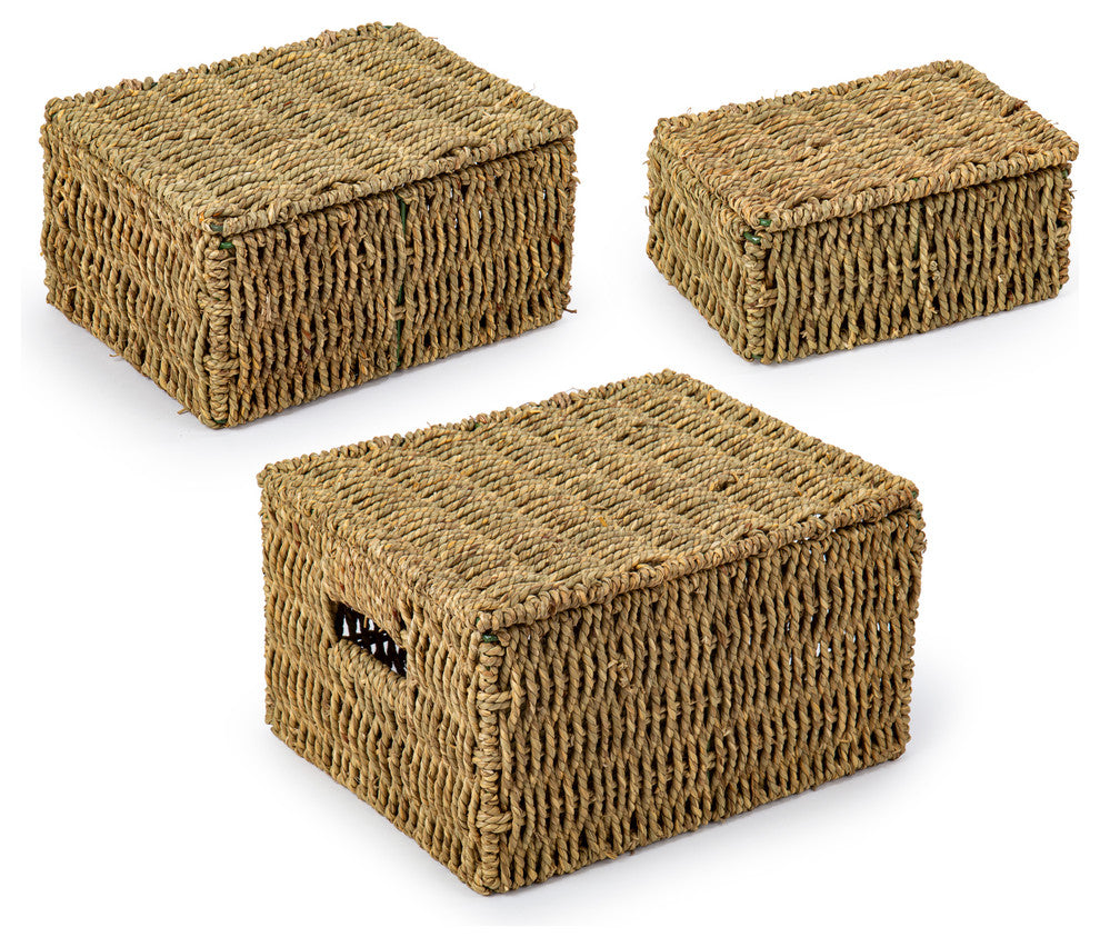 Natural Rustic Seagrass Storage Boxes, Set of 3, 11.5x9 inches, Brown