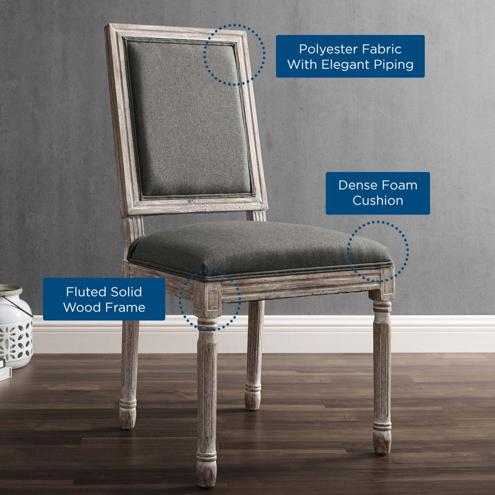 French Vintage Side Dining Chair, Fabric, Wood, Brown Natural Gray, Modern