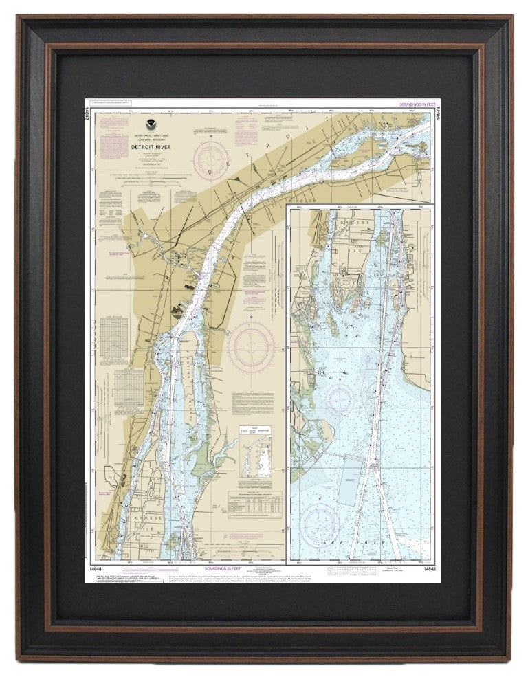 Poster Size Framed Nautical Chart, Lake Erie to Detroit River, 29x36