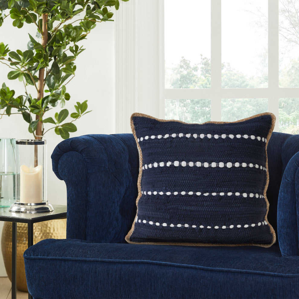 Navy Blue and White Striped Jute Bordered Throw Pillow