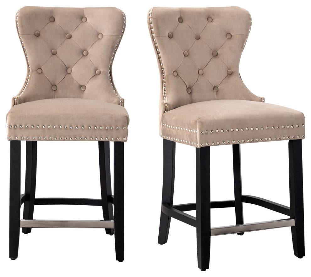 WestinTrends 2PC 24" Tufted Wingback Velvet Counter Height Stool Set, Black, Velvet Taupe