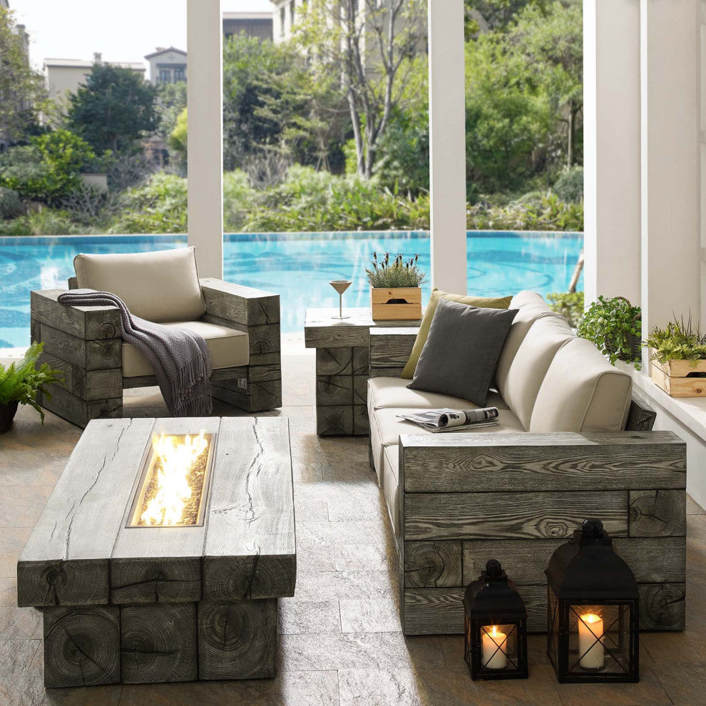 Sectional Sofa Chair Set, Sunbrella, Simulated Wood, Gray Beige, Outdoor