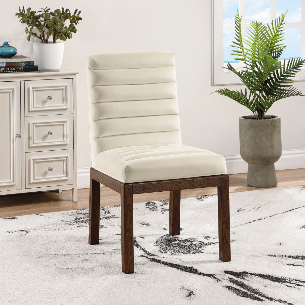 Evelyn Upholstered Dining Chair, Cream, Velvet, Walnut Finish