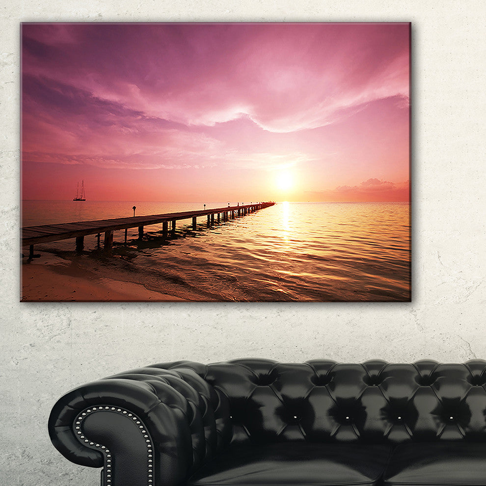 "Long Boardwalk Into Sunset Sea" Large Sea Bridge Canvas Print, 40"x30"