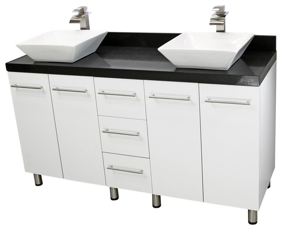 Windbay 60" Free Standing Double Vanity, White, Black Stone Thick Countertop