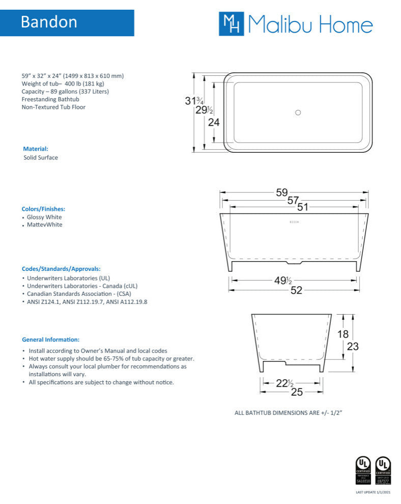 Malibu Bandon Rectangle Soaking Bathtub 59x32x24 Glossy White