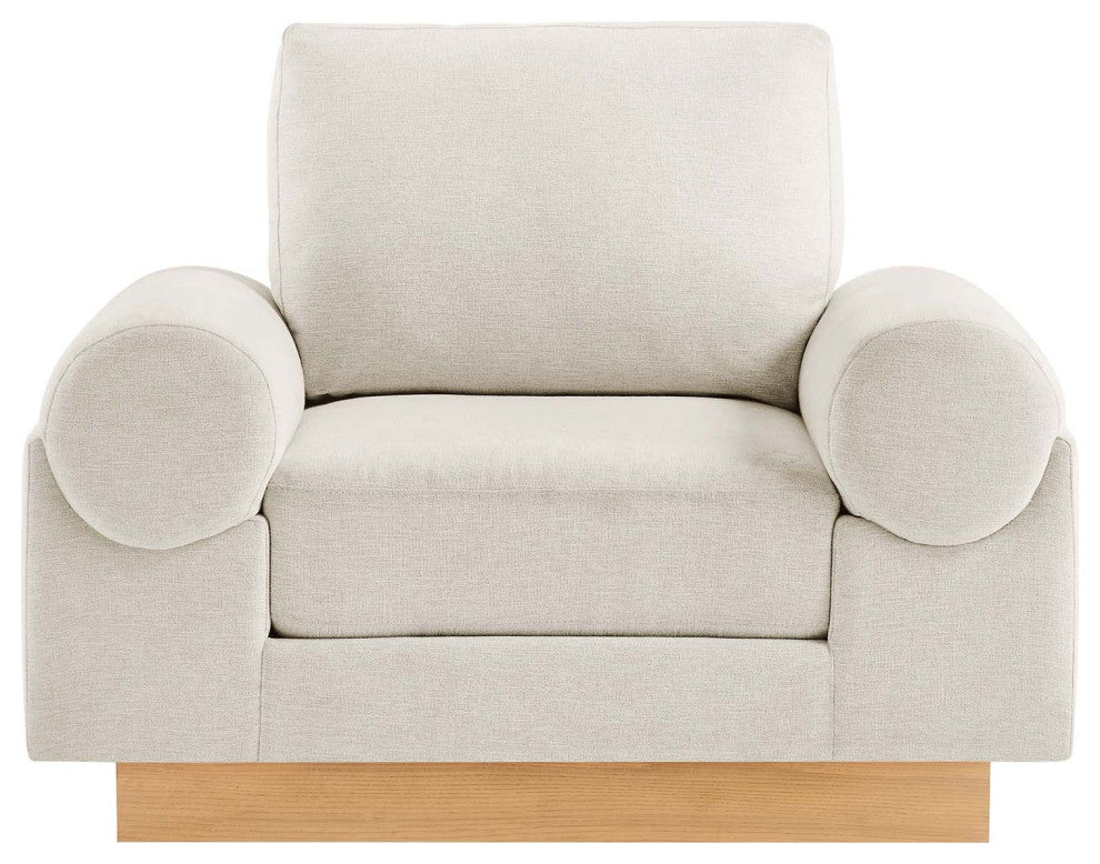 Modern Fabric Armchair with Wooden Plinth Base, Bolster Chair, Ivory