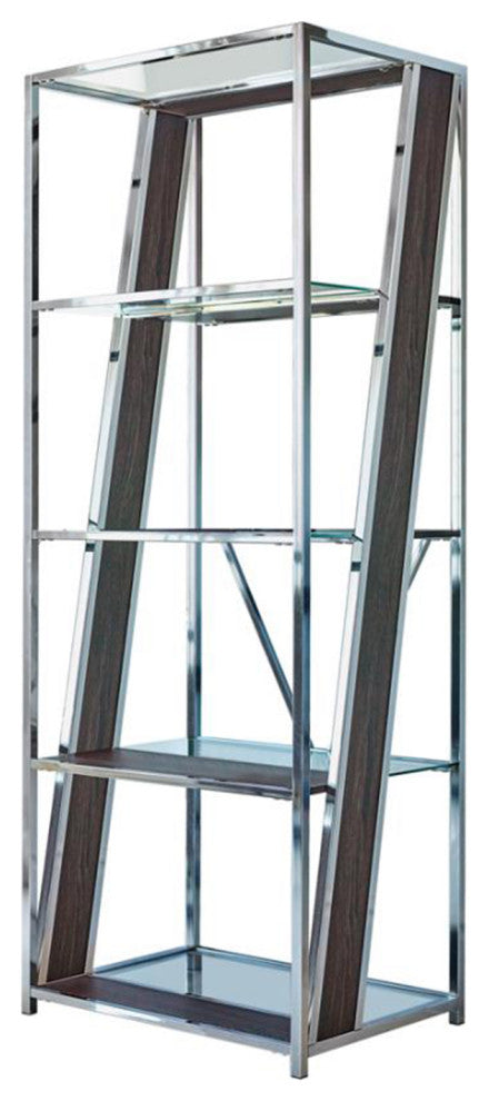 Benzara BM229657 4 Tier Metal Bookcase With Glass and Wooden Shelf, Black/Chrome
