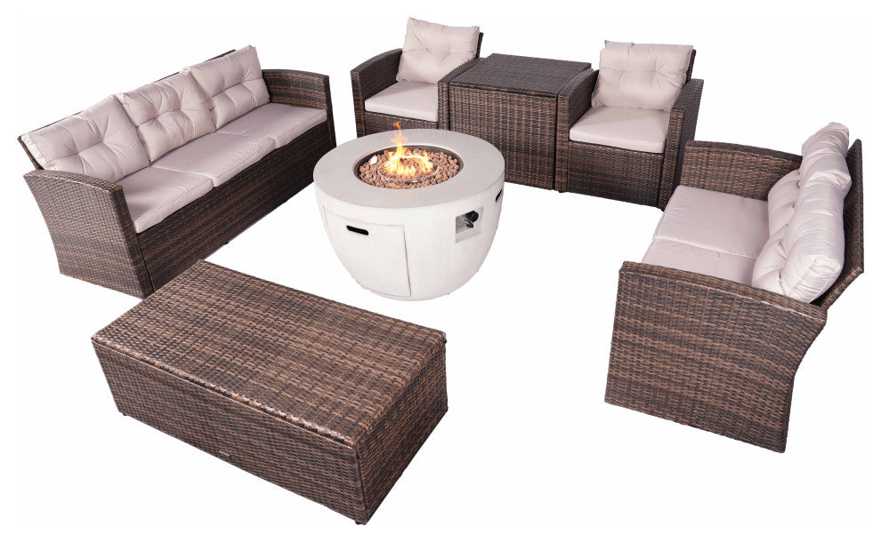 7-Piece Outdoor Rattan Conversation Sofa Set with Fire Pit Table, Brown, Greybowl