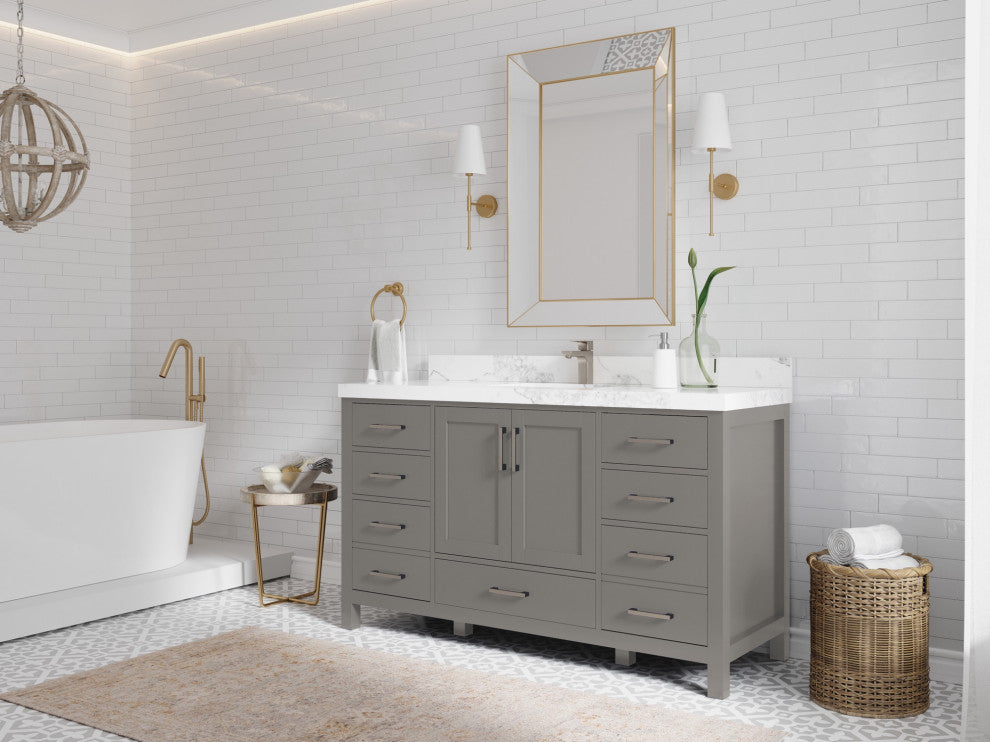 Malibu 60 Single Sink Vanity in Elephant Skin Gray 2" Calacatta Poanazzo