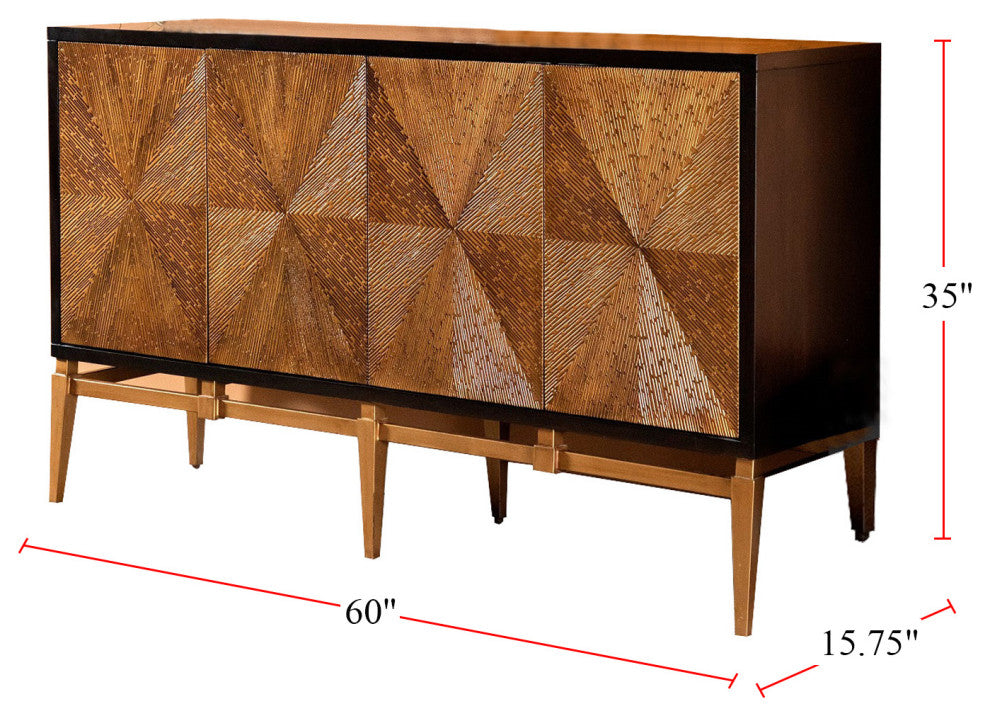 Sunburst 4-Door Accent Cabinet, Brown And Antique Gold