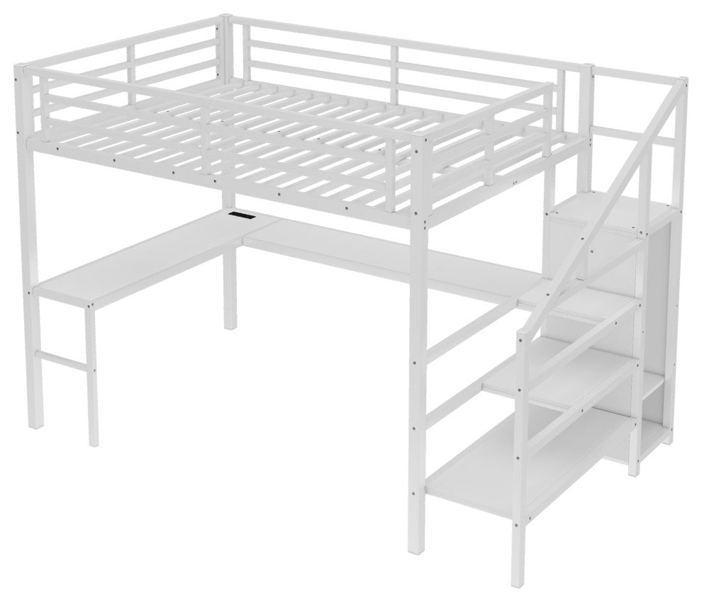 Gewnee Queen Size Loft Bed with L-shaped Desk and USB