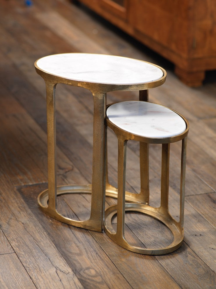 "Nikki" 2-Piece Aluminum Nesting Table Set, Oval Shaped with Marble Top