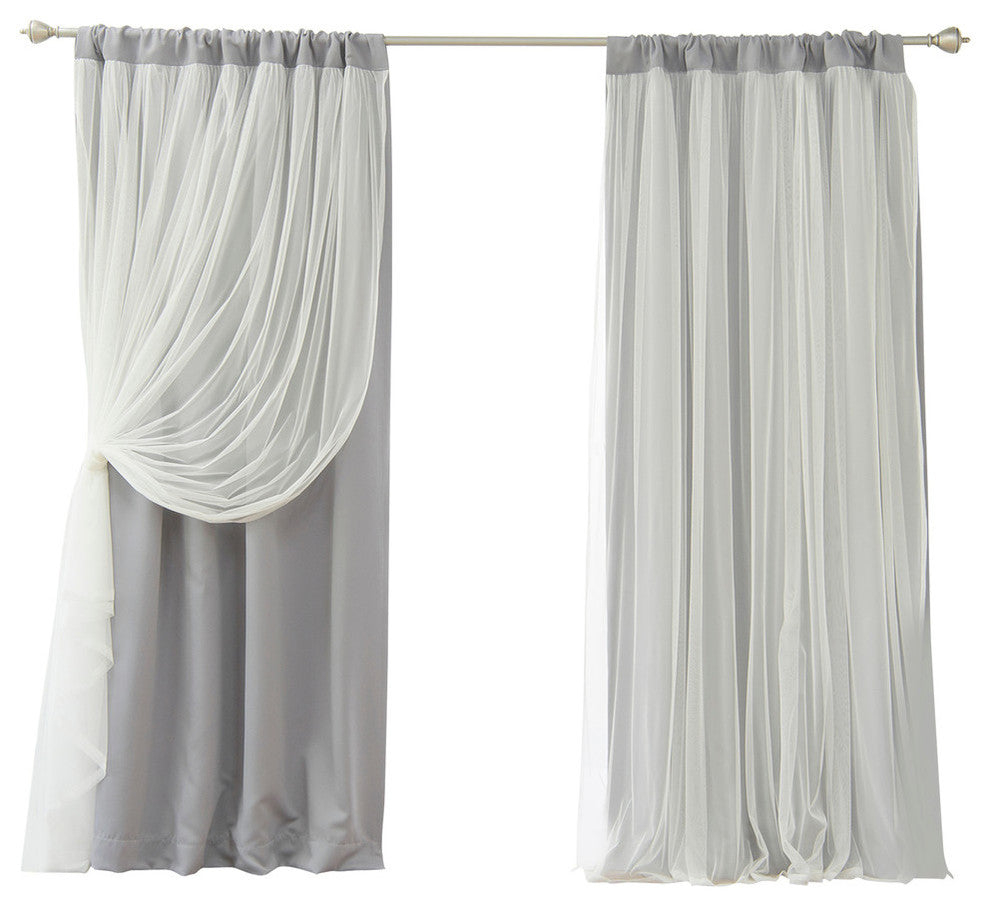Rod Pocket Blackout Curtains With Tulle Overlay, Gray, 96"