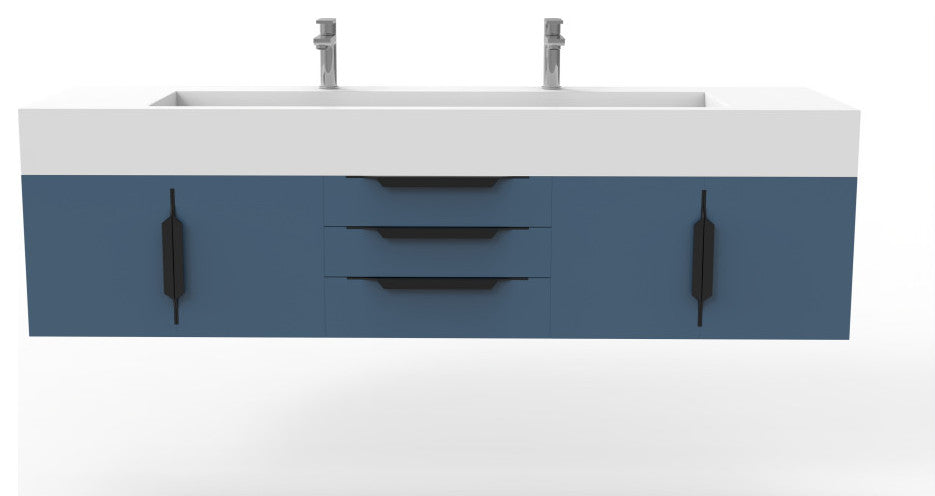 CastelloUSA Nile 72" Wall Mounted Bathroom Vanity Set, Blue, White Top, Black Handles