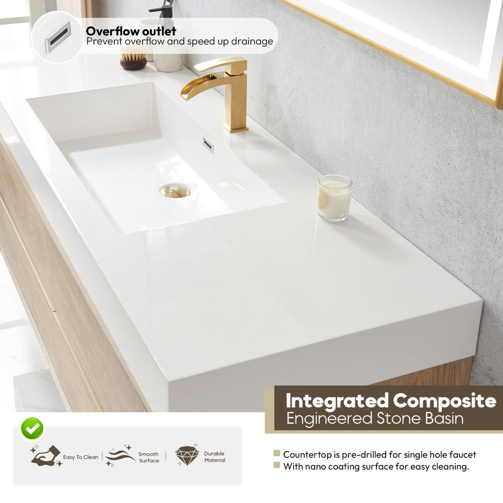 Palencia Floating Bath Vanity With Composite Stone Top, North American Oak, 60" Single Sink, With Mirror