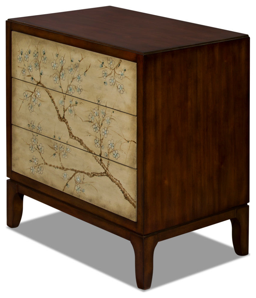 Hand Painted Cherry Blossom Motif Oriental Chest of Three Drawers