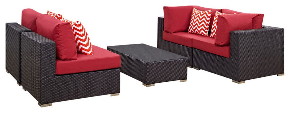 Modway Convene 5 Piece Outdoor Patio Sectional Set, Espresso Red