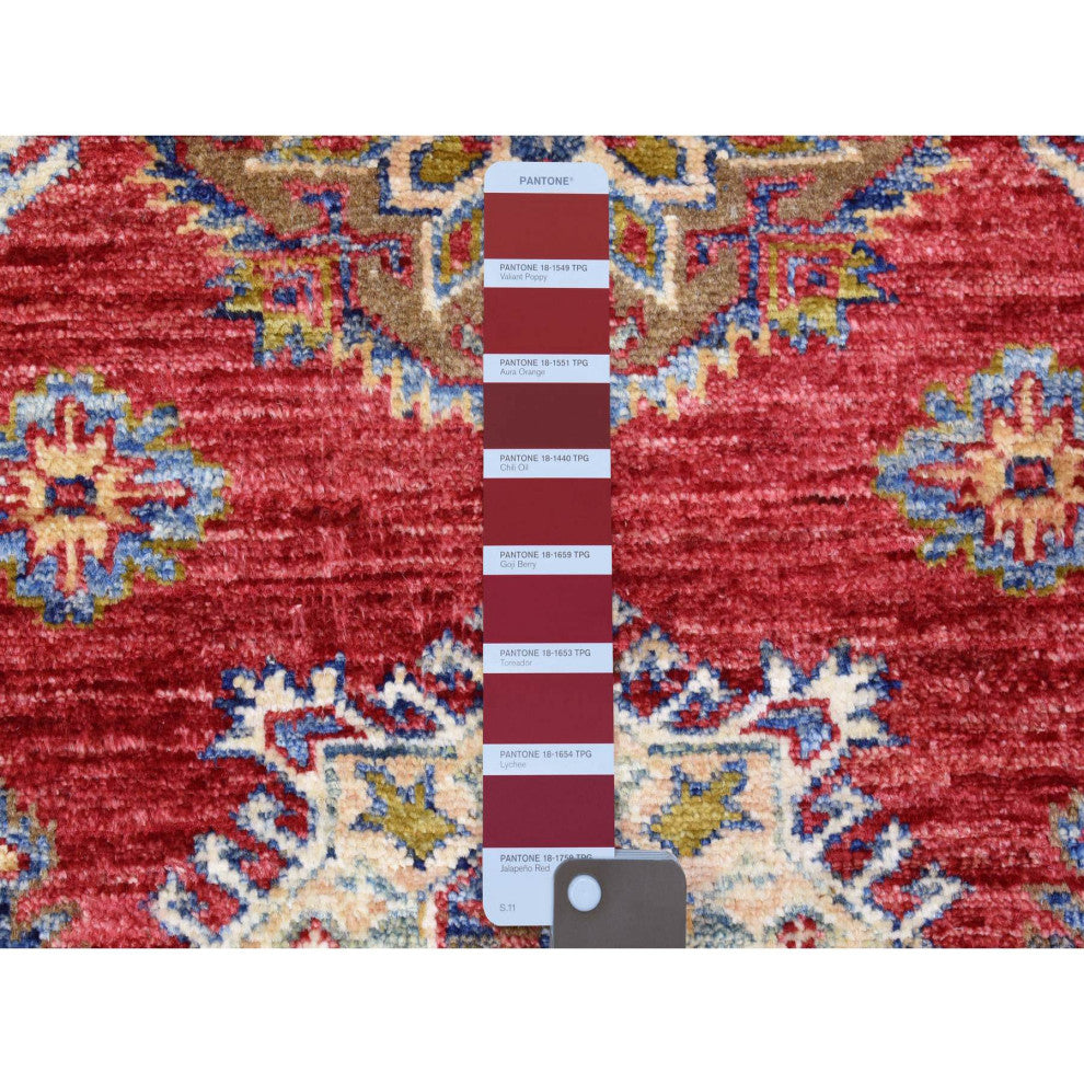 Red Hand Knotted Wool, Super Kazak Geometric Medallion, Runner Rug, 3'0"x11'0"