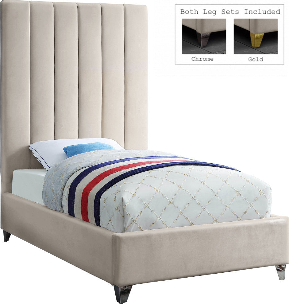 Via Velvet Upholstered Bed, Cream, Twin