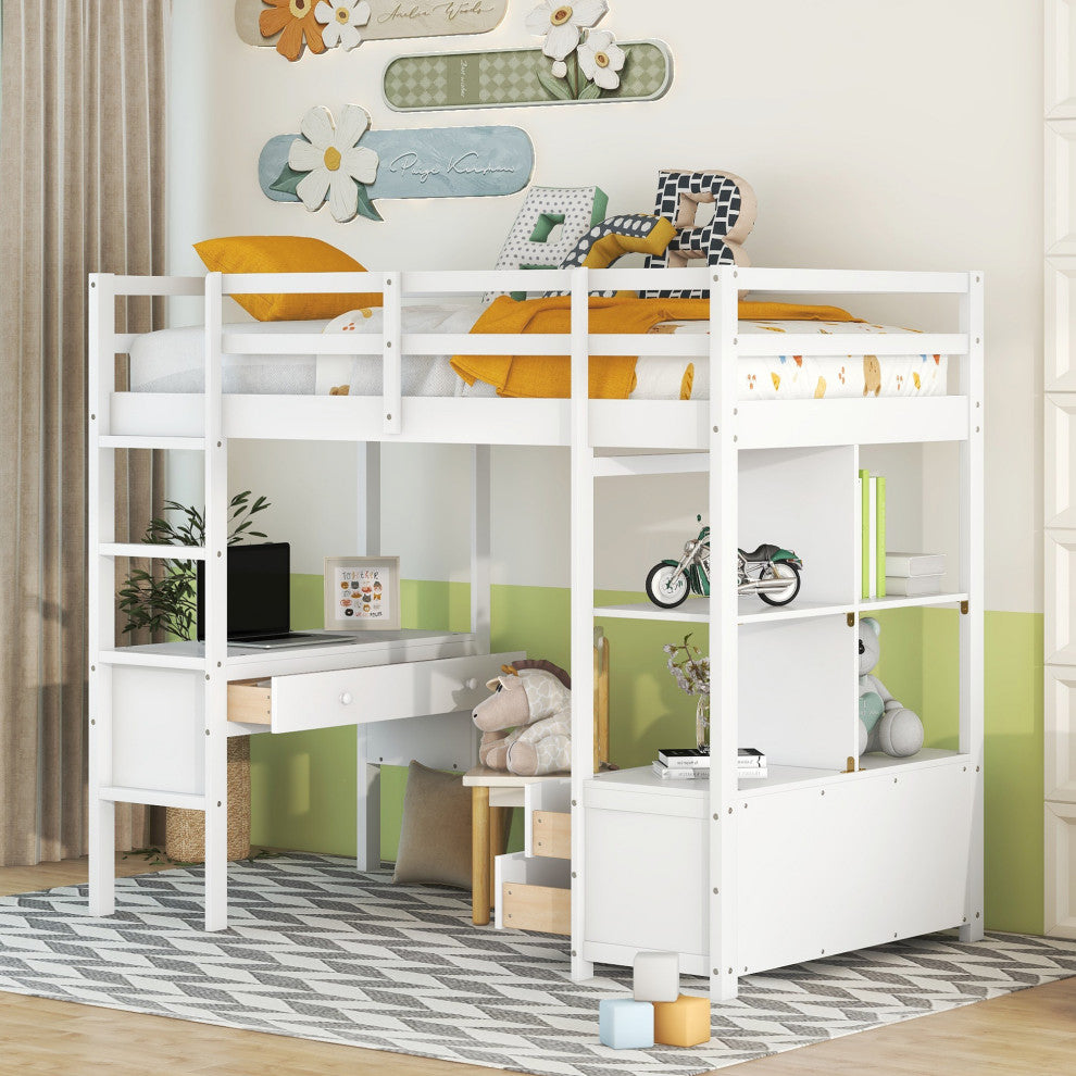 Gewnee Twin Size Loft Bed with Built-in Desk with Two Drawers