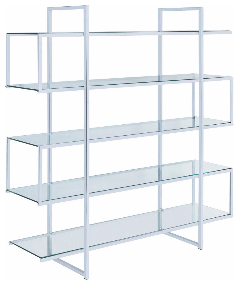 Benzara BM242029 Bookcase, 5 Tempered Glass Shelves/Electroplated Frame Chrome
