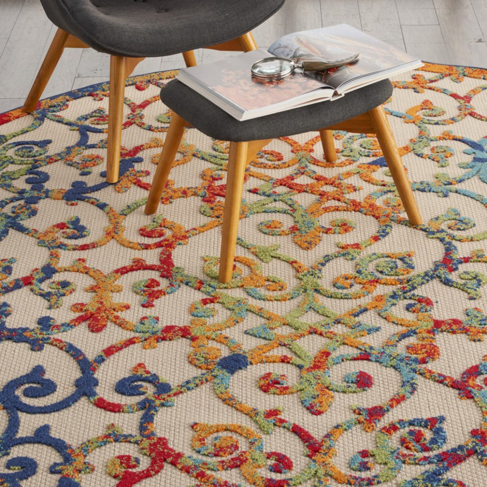 8' Round Ivory And Blue Round Floral Indoor Outdoor Area Rug