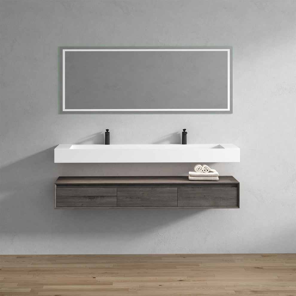 Alysa 72" Floating Bath Vanity, Acrylic Sink/Double Faucet Hole, Smoke Oak
