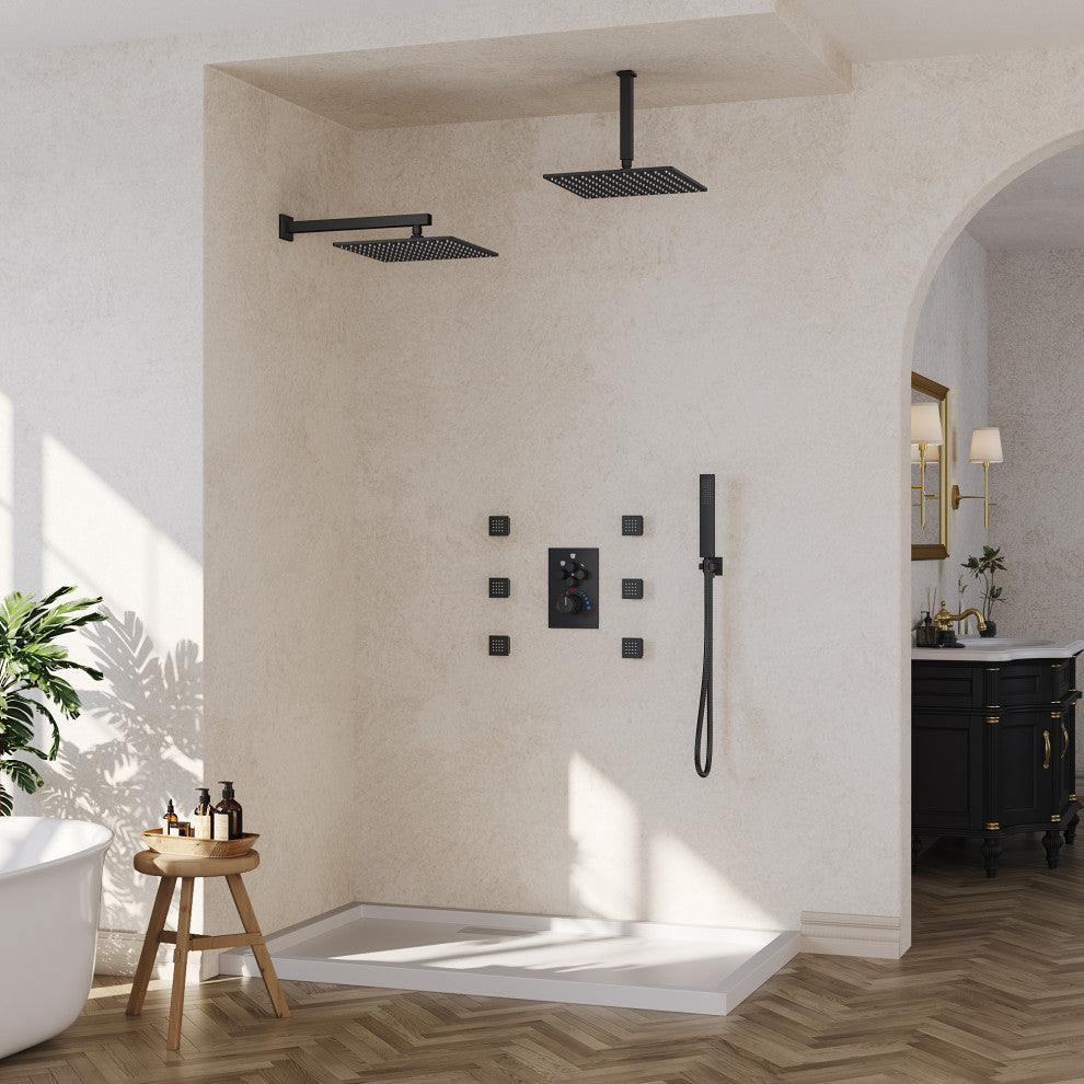 Thermostatic Shower System 12" Dual Shower Heads with Body Jet, Matte Black