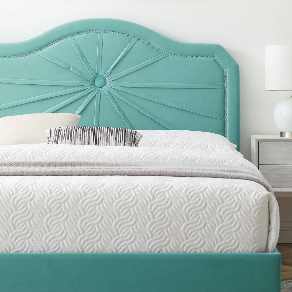 Platform Bed Frame, Queen Size, Velvet, Blue, Modern Contemporary, Bedroom