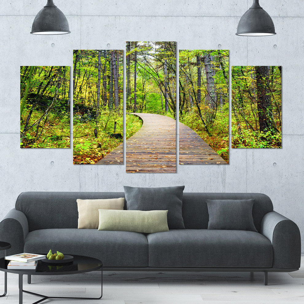 Wooden Boardwalk across Forest, Landscape Canvas Art Print, 60"x32", 5 Panels