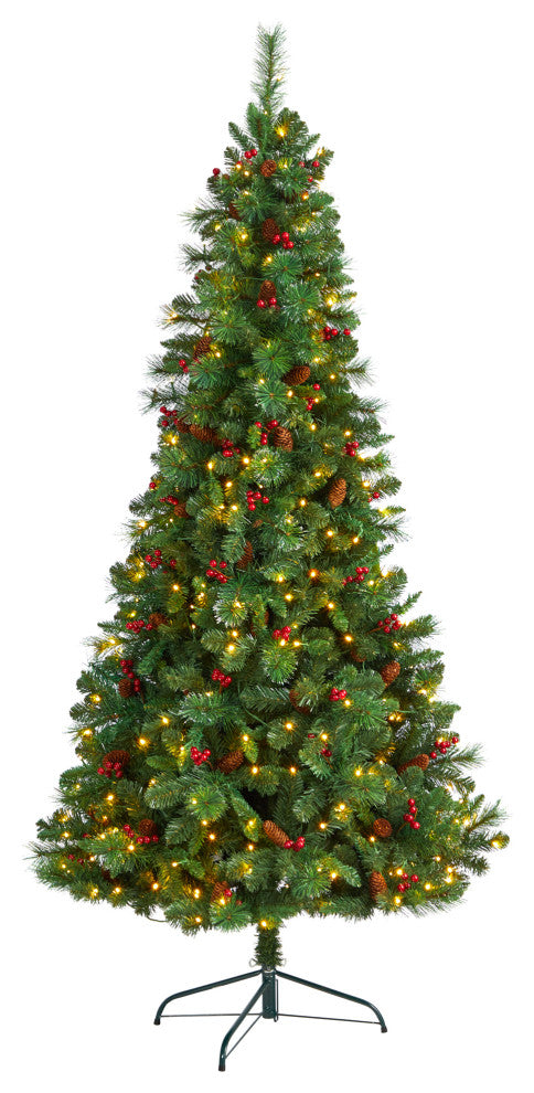 7' Flat Back Montreal Mountain Pine Faux Xmas Tree W/ Pinecones, Berries, Lights