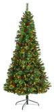 7' Flat Back Montreal Mountain Pine Faux Xmas Tree W/ Pinecones, Berries, Lights