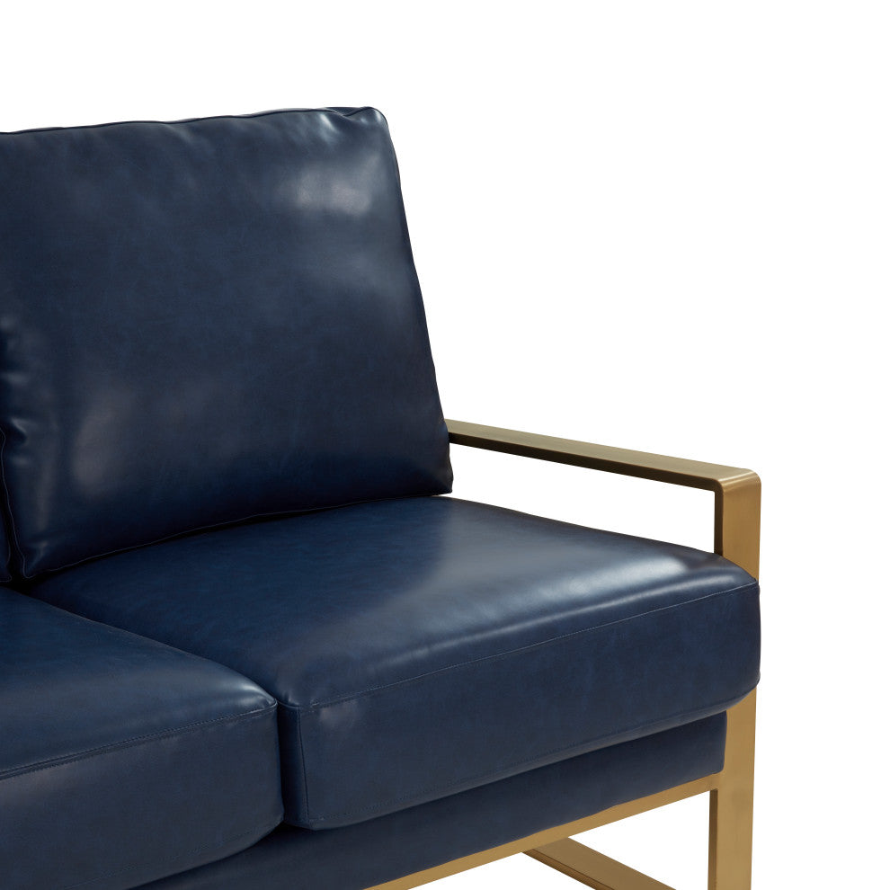 LeisureMod Jefferson Modern Design Faux Leather Sofa With Gold Frame, Navy Blue