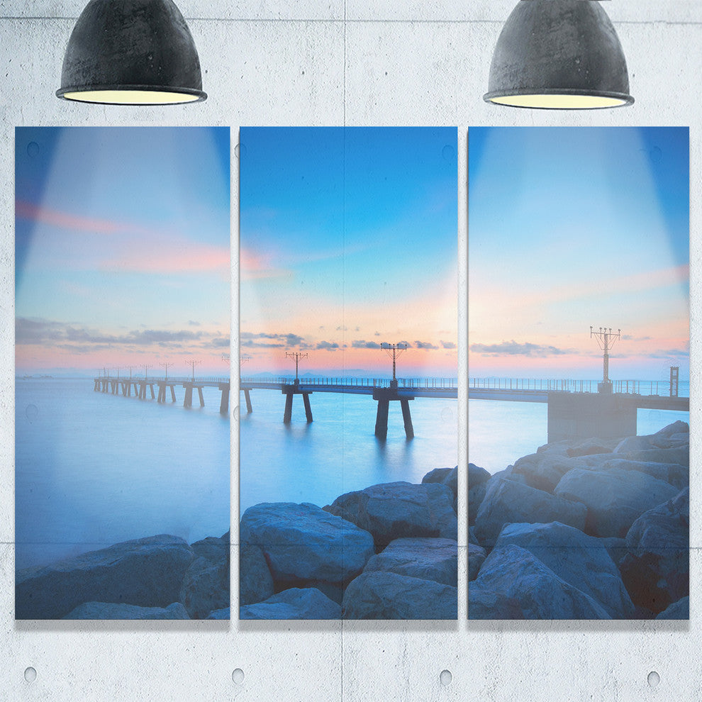 "Bluish Rocky Seashore With Pier" Sea Bridge Metal Wall Art, 3 Panels, 36"x28"