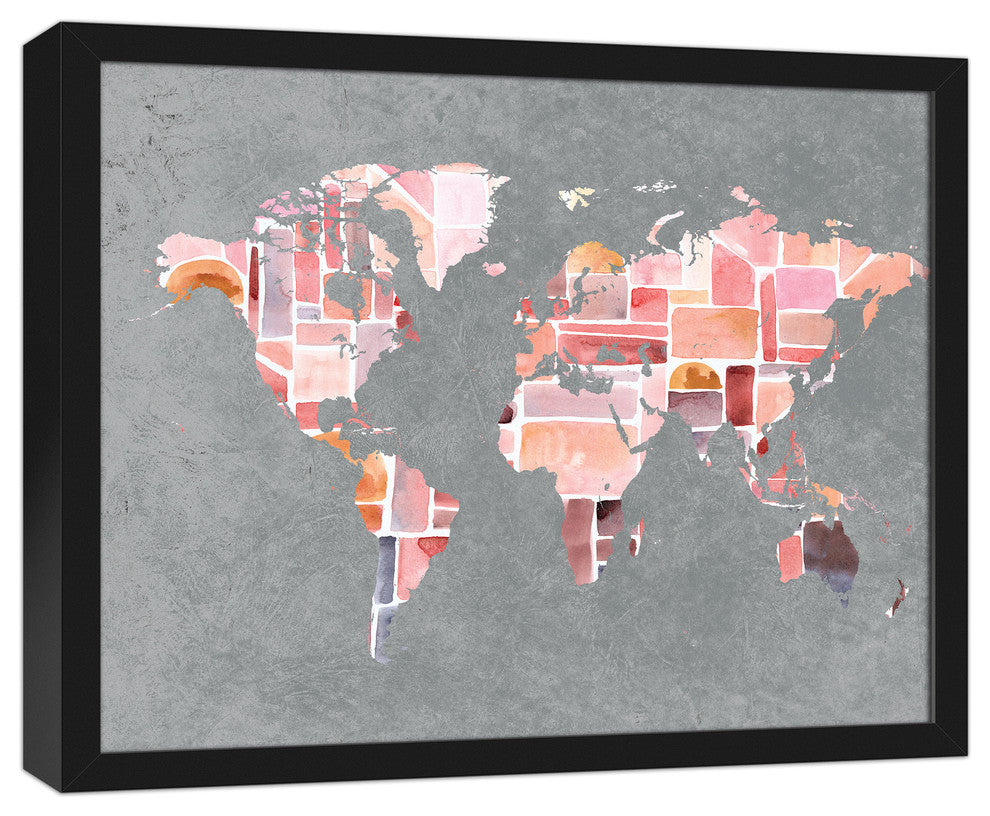 Pink on Gray World Map  16x20 Black Framed Canvas