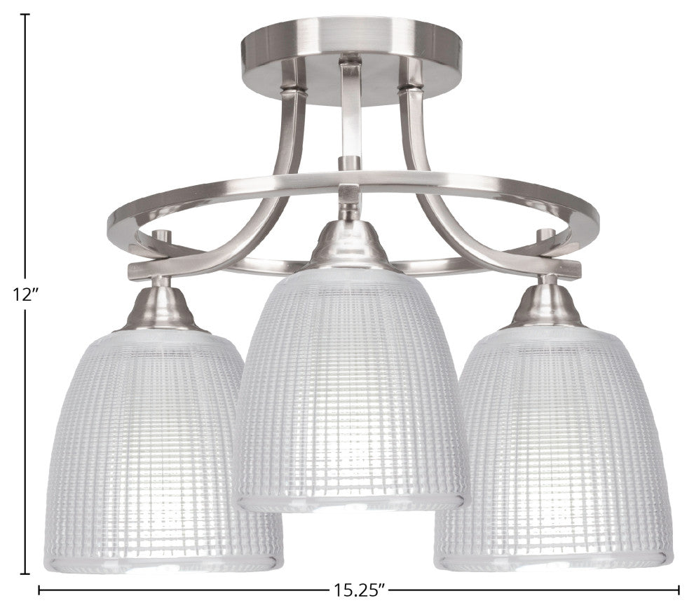 Paramount 3-Light Semi-Flush Light, Brushed Nickel, 5" Clear Ribbed Glass
