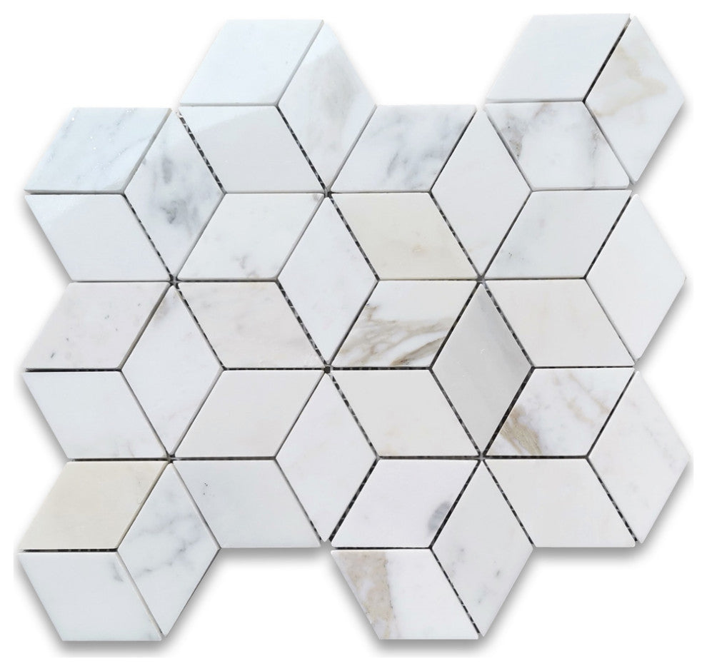 Calacatta Gold Marble Illusion 3D Cube Rhombus Diamond Hex Tile Polish, 1 sheet