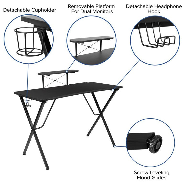 Modern Gaming Desk With Comfortable Chair, Raised Shelf & Cup Holder, Pink