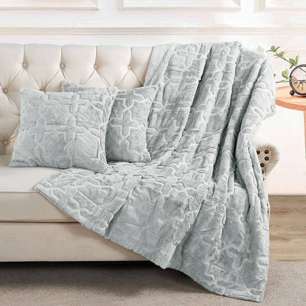 Tatami Faux Fur Throw Blanket & Pillow Shell Set, Silver