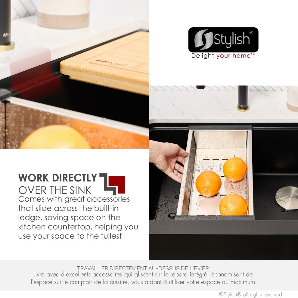 30" Undermount Workstation Single Bowl Black Granite Kitchen